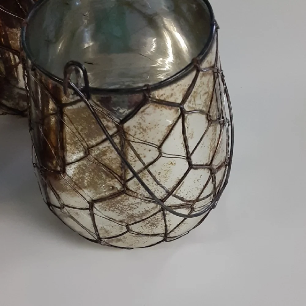 Terrain Lanterns, Rustic Cottage Style, 3 Set, Wire & Mercury Glass, Handle, NEW